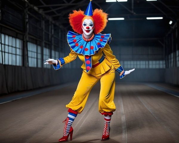 Vibrant Clown on Dimly Lit Track in Colorful Costume