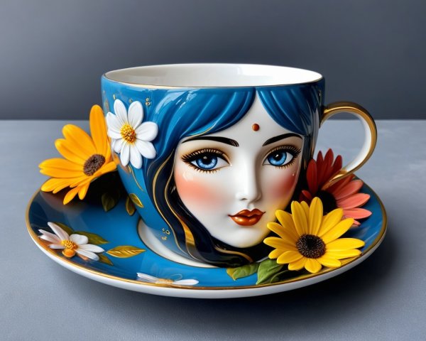Unique Cup and Saucer with Artistic Face Design