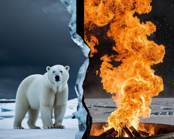 Polar Bear and Flames: Contrast of Nature and Crisis