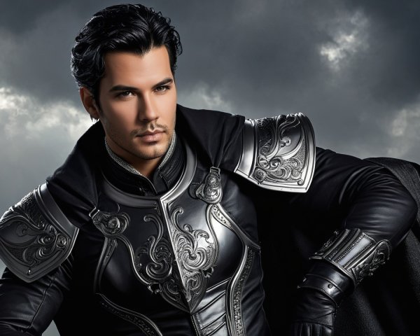 Male figure in ornate black armor against cloudy backdrop