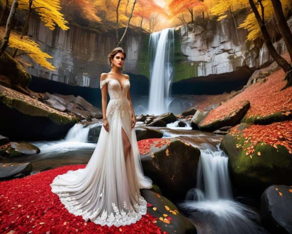 Bride by Waterfall Surrounded by Autumn Foliage