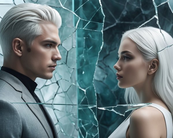 Two Individuals with Platinum Hair Against Shattered Glass