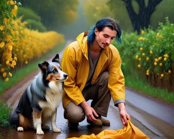 Young man in yellow raincoat on muddy country road