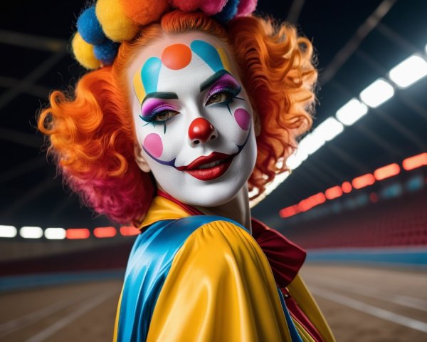 Whimsical Clown with Colorful Outfit and Makeup