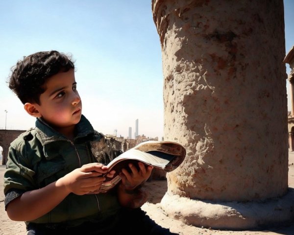 Young boy reading by a weathered pillar in sunlight