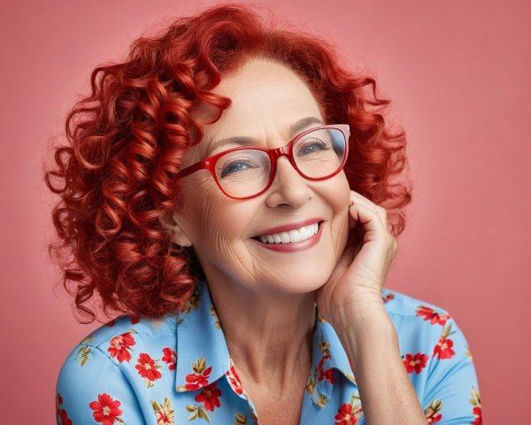 Cheerful older woman with red hair and floral blouse