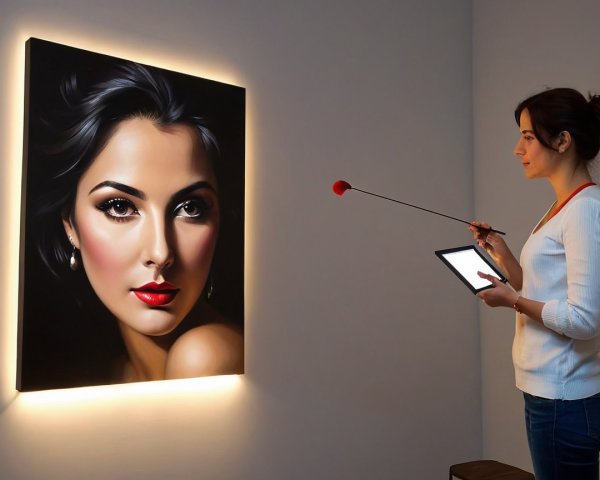 Woman Analyzing Portrait in Minimalist Room