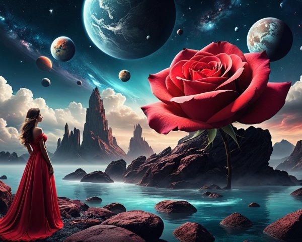 Woman in Red Dress Amidst Cosmic Landscape and Rose