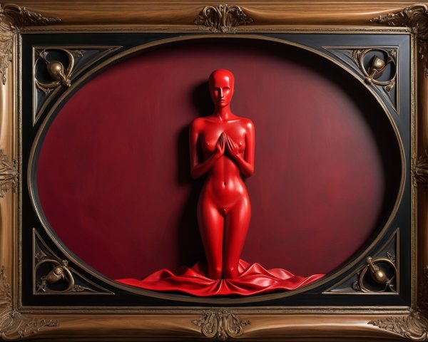 Red Kneeling Woman Sculpture on Burgundy Background
