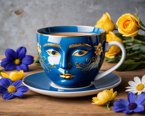 Blue Tea Cup with Face Design and Floral Surroundings