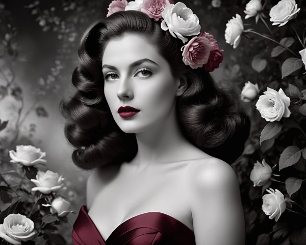 Elegant Black-and-White Portrait of a Woman in Garden