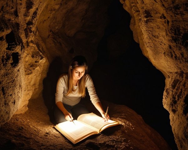 Young woman studying in a dimly lit cave setting