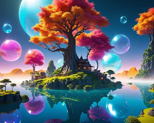 Vibrant Fantasy Island with Colorful Tree and Bubbles