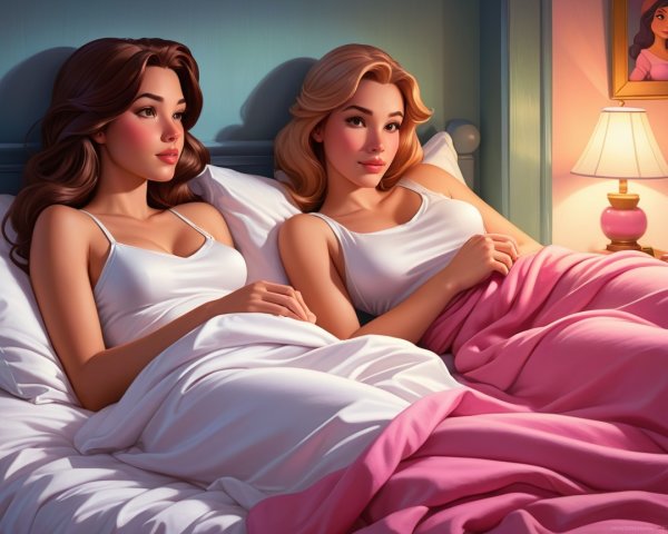Cozy Scene of Two Women in Soft Lighting and Blankets