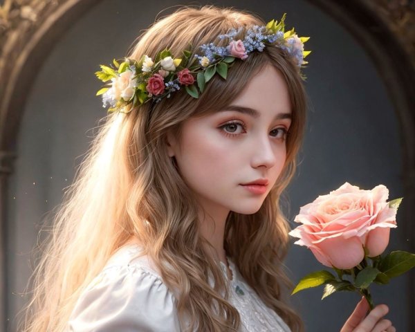 Young Woman with Floral Crown and Pink Rose Portrait
