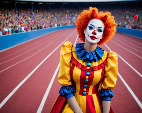 Clown with Colorful Costume in Stadium Setting