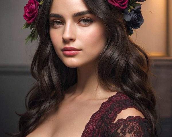 Woman with Dark Hair in Floral Crown Portrait
