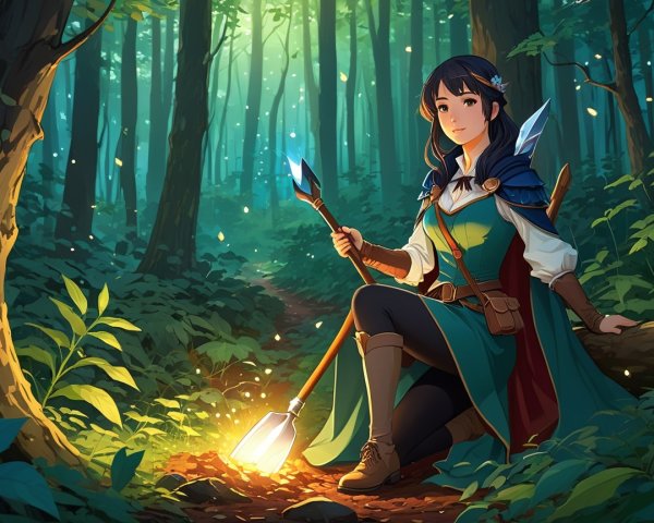 Young Adventurer in Vibrant Cloak in Serene Forest