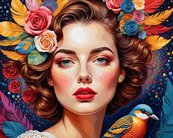 Vibrant Portrait of a Young Woman with Flowers and Bird