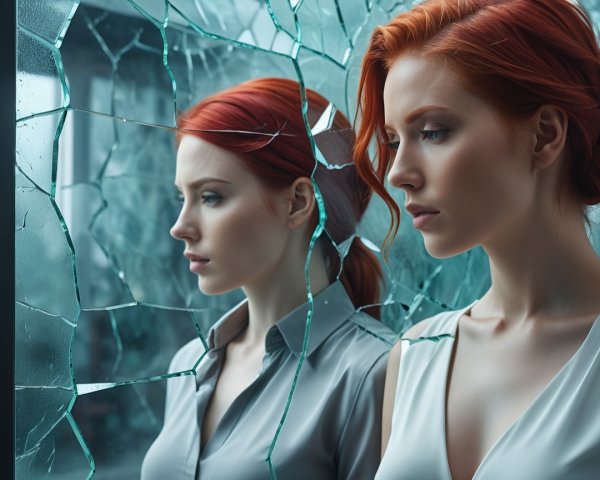 Contemplative Young Woman with Red Hair and Mirror Shards