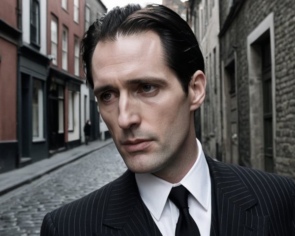 Man in Pinstriped Suit on Moody Cobblestone Street