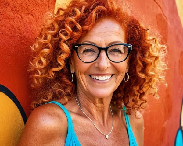 Joyful woman with red hair smiles against colorful wall
