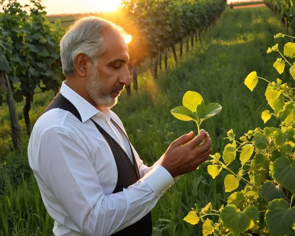 Man in Vineyard at Sunset Examining Young Plant
