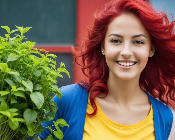 Cheerful Woman with Red Hair and Green Plants