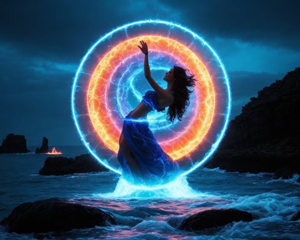 Woman in Blue Dress Amidst Crashing Waves and Light