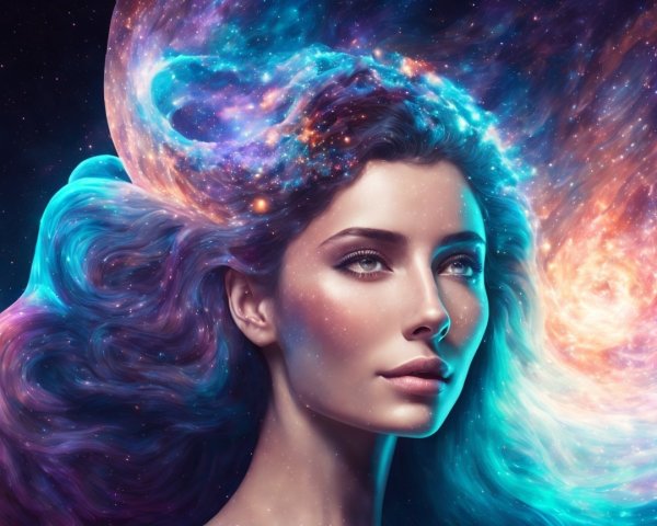 Ethereal Woman with Cosmic Hair in Starry Space