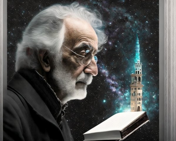 Elderly Man Contemplates Cosmic Scene with Open Book
