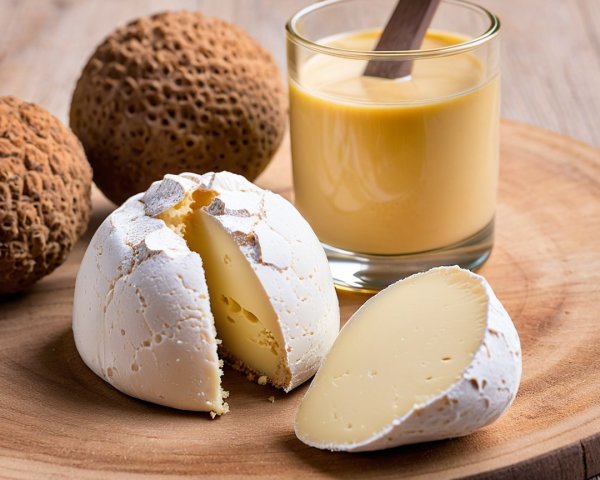 Rustic Wooden Platter with Cheese and Golden Liquid