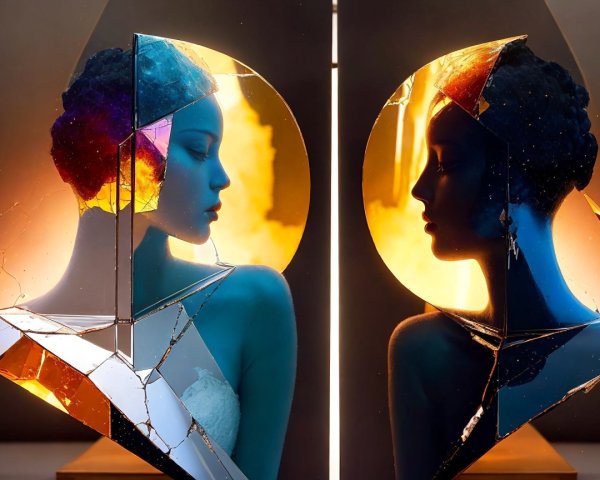 Silhouetted Profiles of Women in Shattered Glass Art