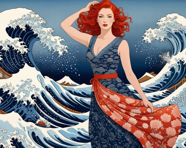 Illustration of a Woman in Blue Gown with Waves
