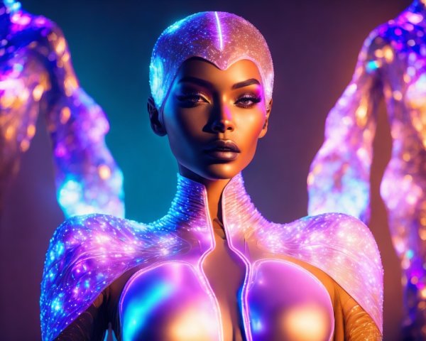 Futuristic Figure in Metallic Outfit with Neon Background
