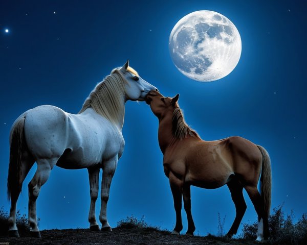 Horses Under Starry Sky with Full Moon Glow