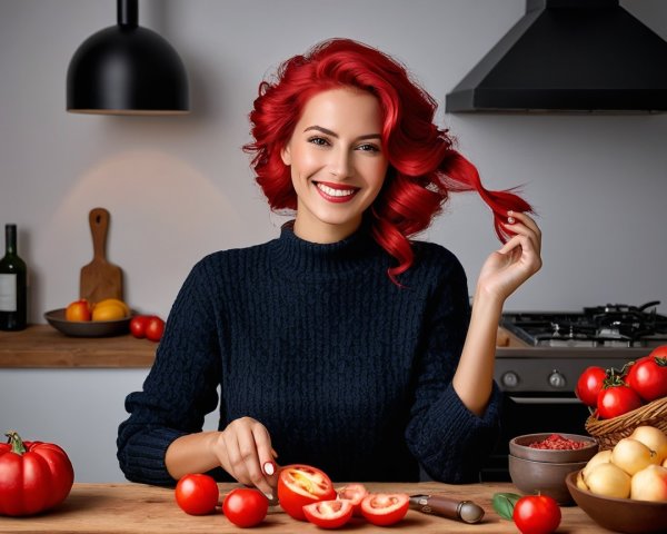 Woman with Red Hair Prepares Tomatoes in Modern Kitchen