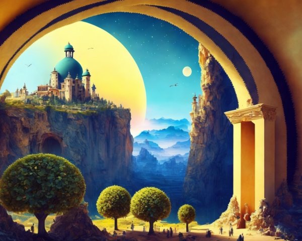 Surreal Landscape with Grand Castle and Symmetrical Trees