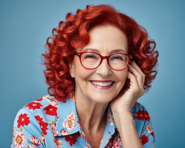 Joyful elderly woman with red curly hair and glasses