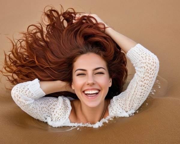 Joyful Young Woman in Sweater on Sandy Surface