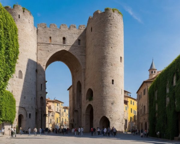 Medieval stone archway with towers and vibrant square