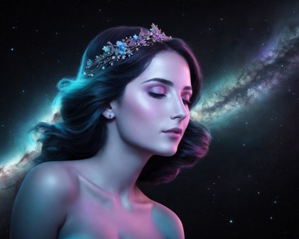 Serene woman in cosmic backdrop with gemstone tiara