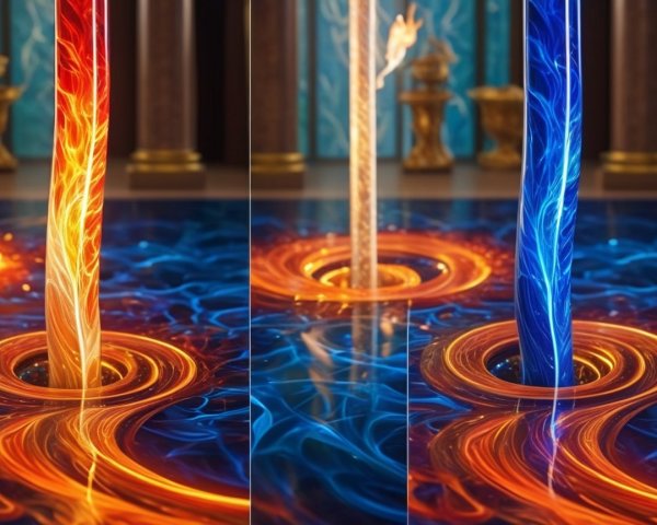 Three Elemental Pillars in Vibrant Colors and Light