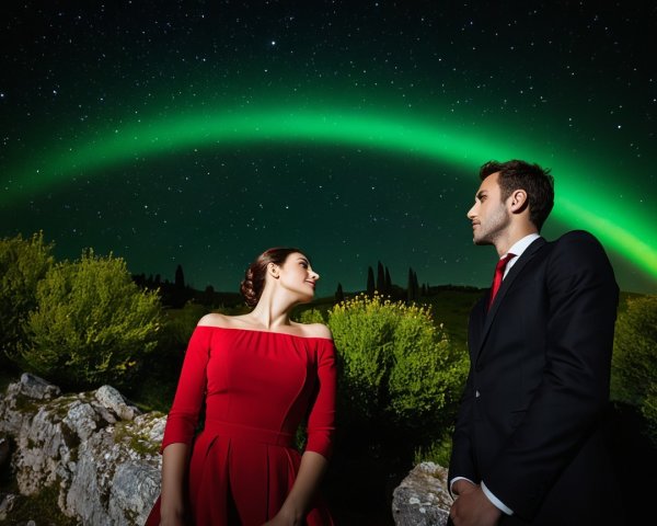 Couple Under Aurora Borealis in Elegant Attire
