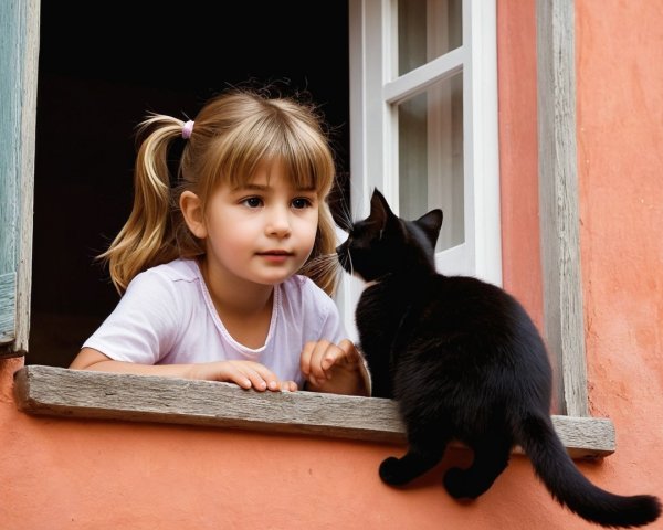 Young Girl with Ponytails Observing a Black Cat