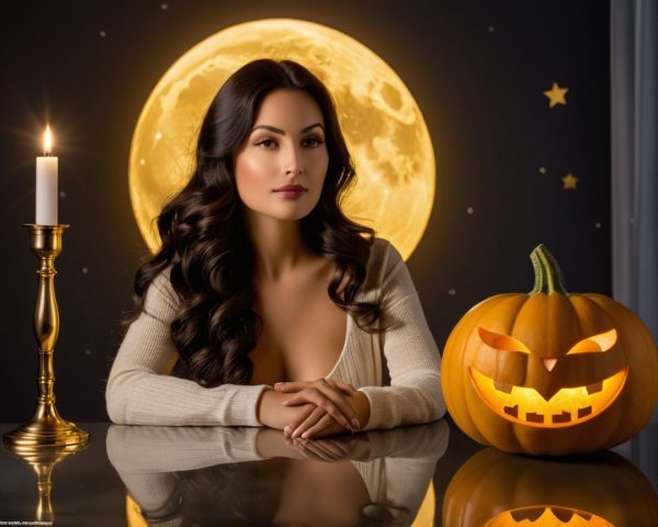 Woman at table with pumpkin and full moon backdrop
