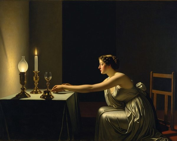 Woman in elegant gown writing by candlelight