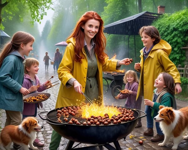 Cheerful Woman Grilling Chestnuts in Outdoor Scene