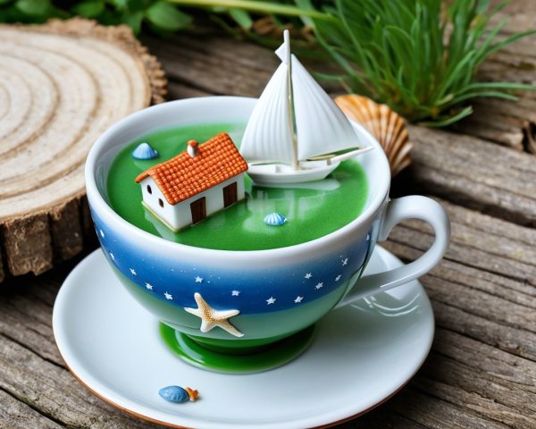 Whimsical Teacup Scene with Miniature House and Sailboat