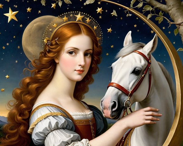 Young woman with red hair and white horse at night